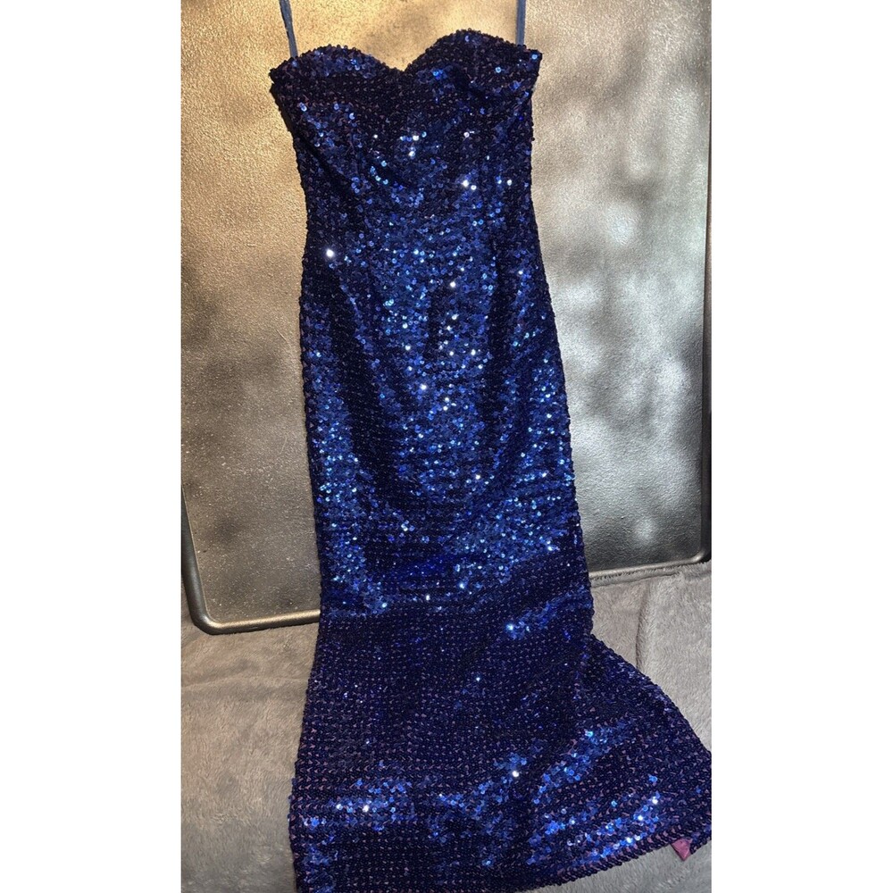 Blue Sequin Strapless Mermaid Floor-Length Gown Formal Dress High Slit Back Sz 6